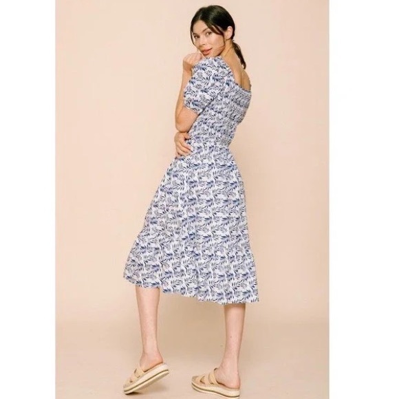 KOO DE KER Modest Floral Dress smocked bodice, & short sleeves Blue/White Size L - Picture 14 of 16